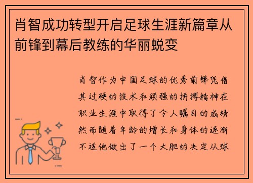 肖智成功转型开启足球生涯新篇章从前锋到幕后教练的华丽蜕变 肖智成功转型开启足球生涯新篇章从前锋到幕后教练的华丽蜕变