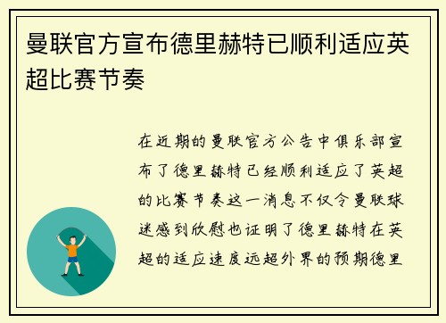 曼联官方宣布德里赫特已顺利适应英超比赛节奏 曼联官方宣布德里赫特已顺利适应英超比赛节奏